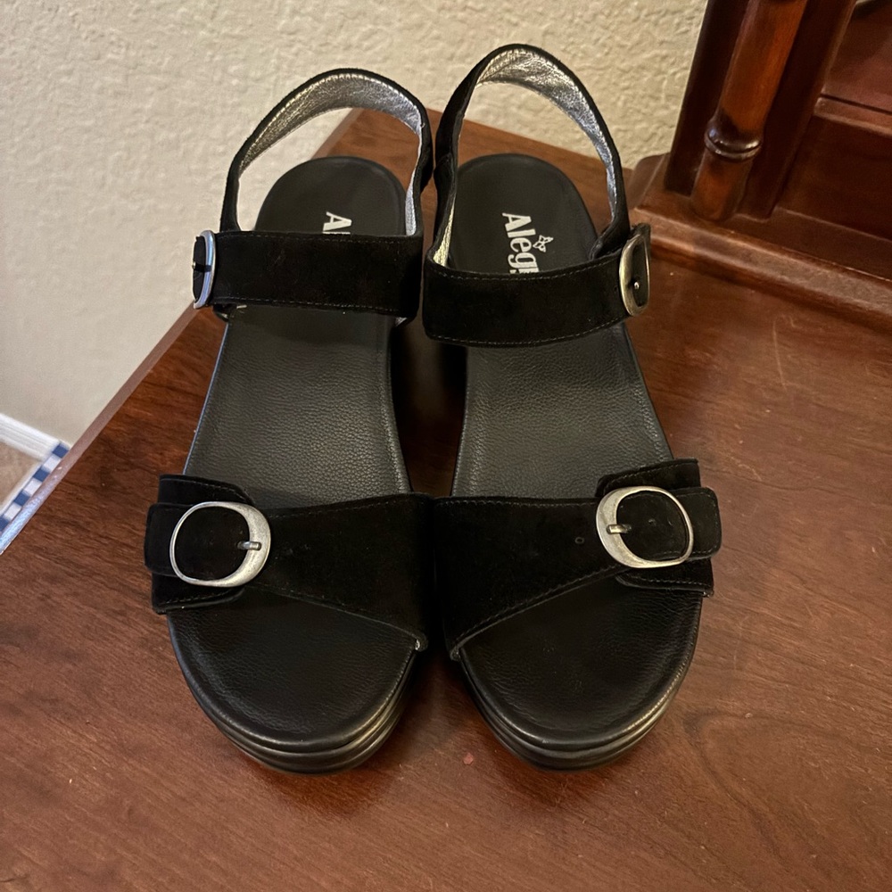 Alegria Black Suede Wedge Sandals